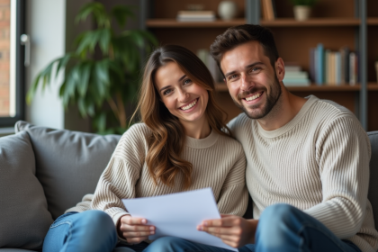 Jeune couple souriant en remplissant des papiers d'adoption