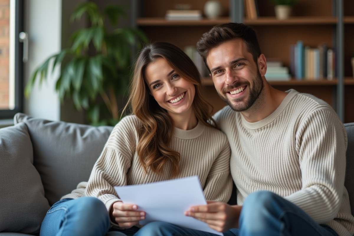 Jeune couple souriant en remplissant des papiers d'adoption