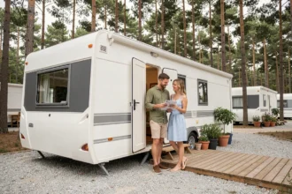 Couple devant un mobil-home moderne blanc et gris dans un camping entouré de pins