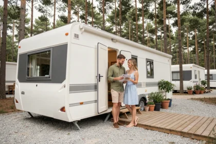 Couple devant un mobil-home moderne blanc et gris dans un camping entouré de pins