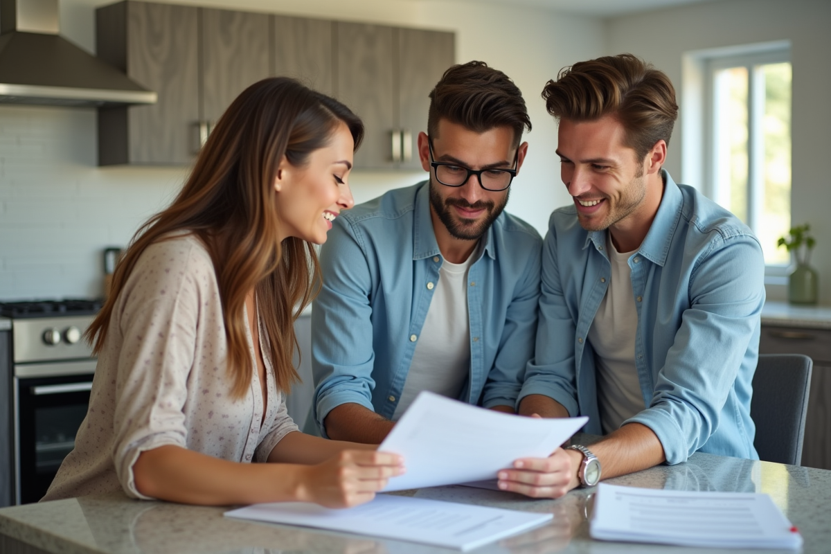 Jeune couple discutant de documents immobiliers avec agent