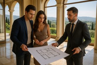 Couple sophistiqué avec agent immobilier dans une villa italienne
