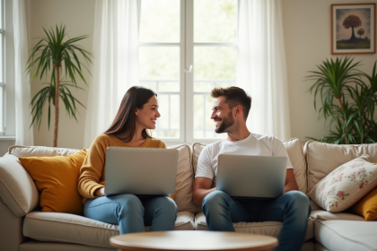 Jeune couple assis sur un canapé lumineux avec des laptops