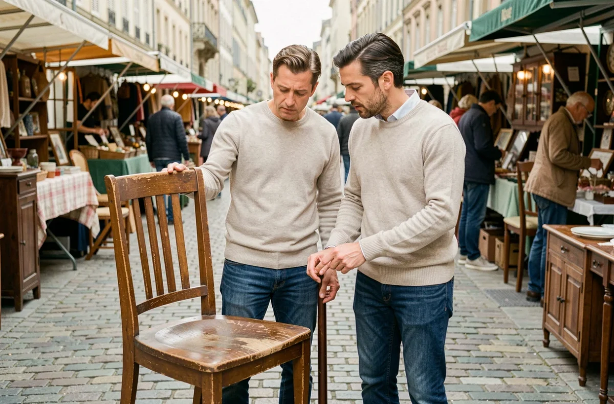 Couple français inspectant des meubles vintage dans un marché aux puces pour revente sur une plateforme italienne
