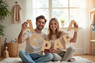 Jeune couple dans une nurserie lumineuse tenant une lettre A