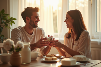 Jeune couple riant échangeant des cadeaux en coton au petit déjeuner