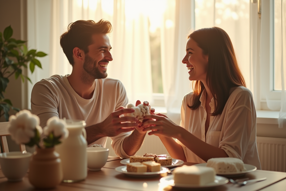 Jeune couple riant échangeant des cadeaux en coton au petit déjeuner