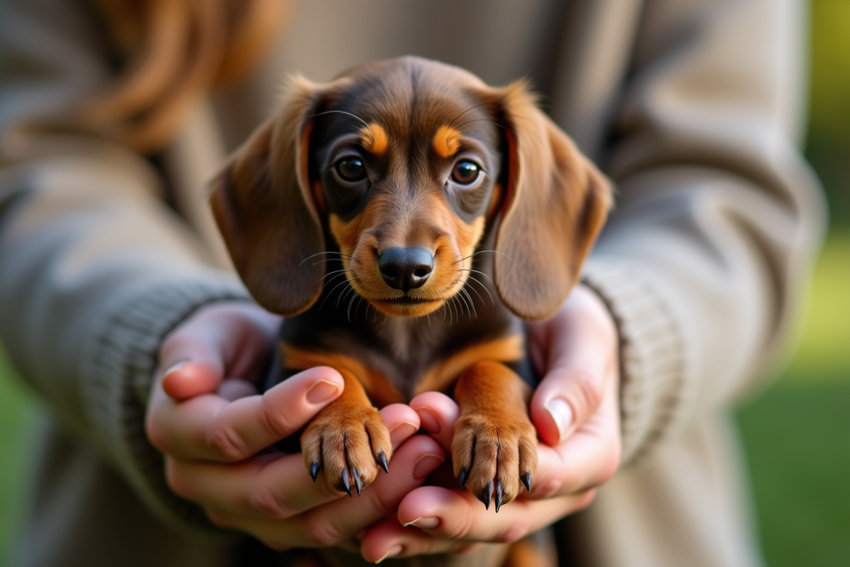 Dachshund miniature tenu dans les mains en extérieur