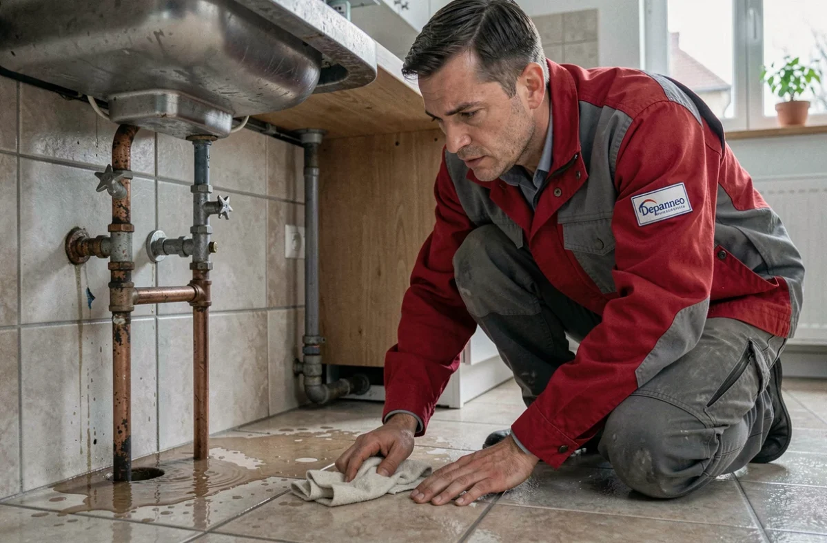 Technicien Depanneo réseau Essonne réparant une fuite urgente sous évier