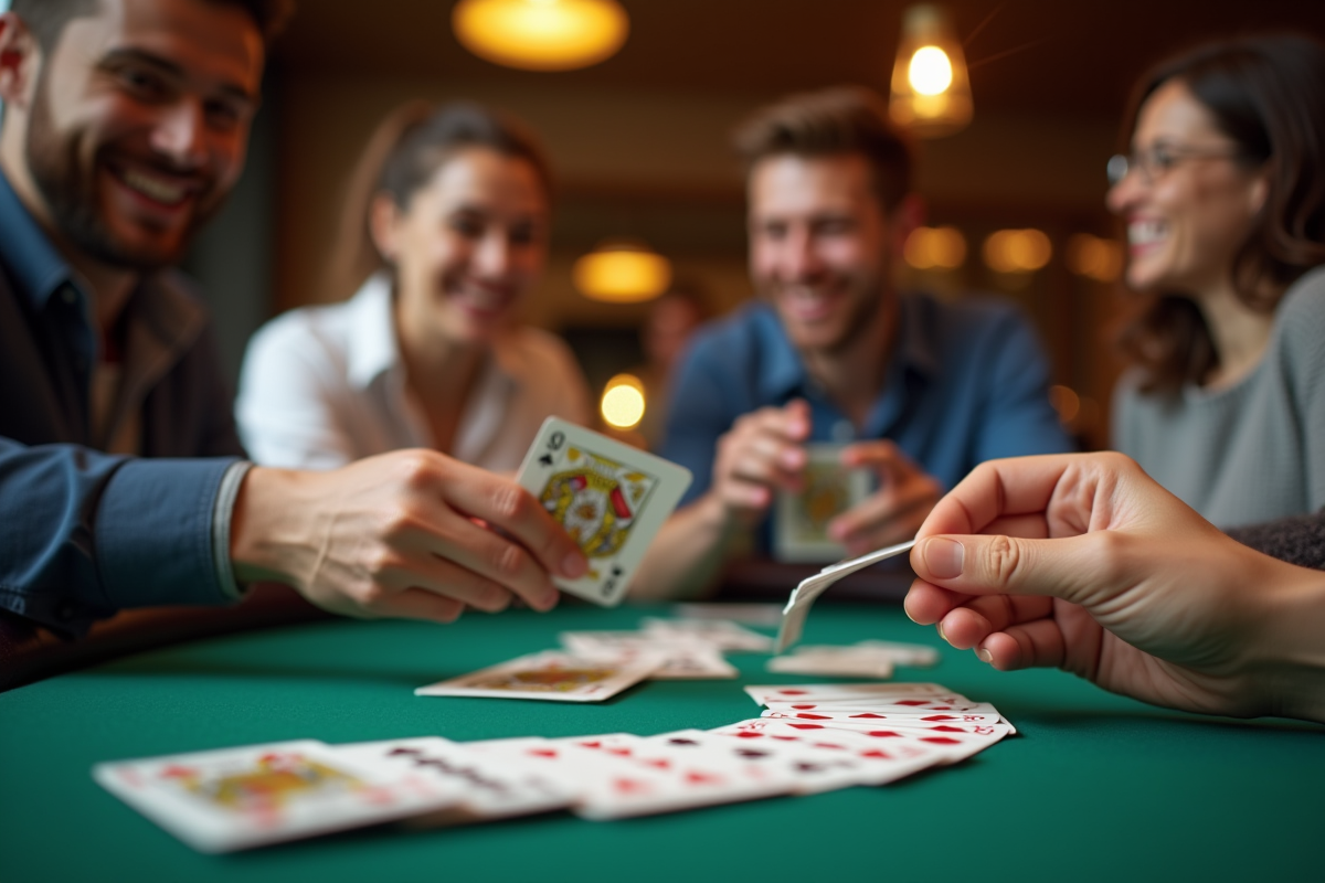 Mains distribuant des cartes avec des amis souriants en arrière-plan