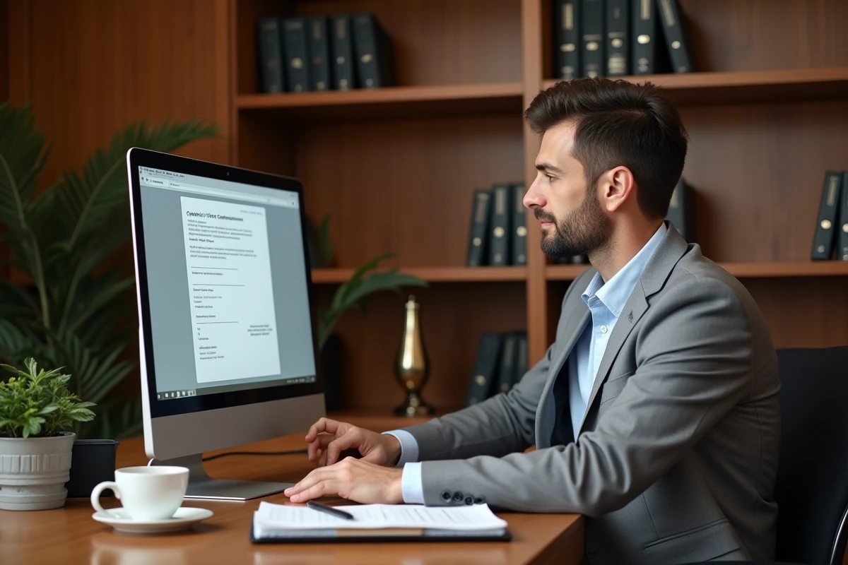 Homme d'affaires consultant un dossier de certification sur ordinateur dans son bureau privé