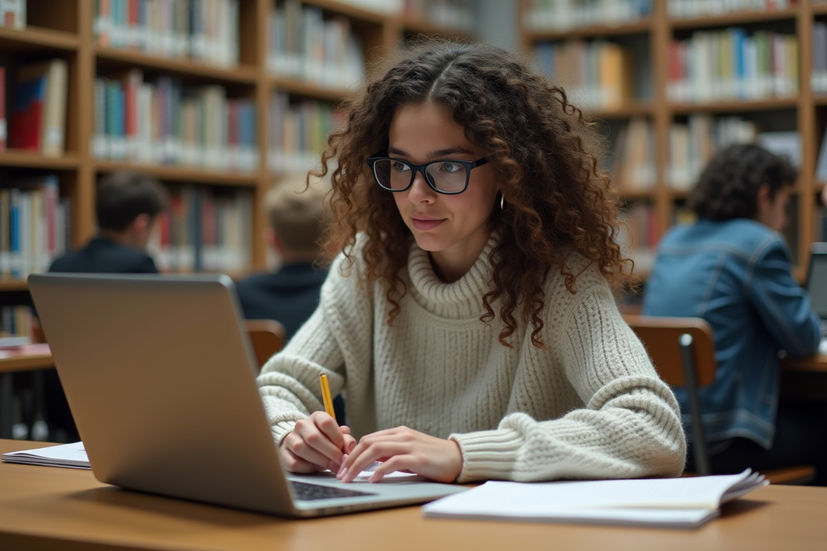 Étudiante au lycée travaillant sur son ordinateur portable