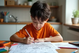 Enfant coloriant une page Dragon Ball imprimée avec des crayons de couleur sur une table en bois à la maison