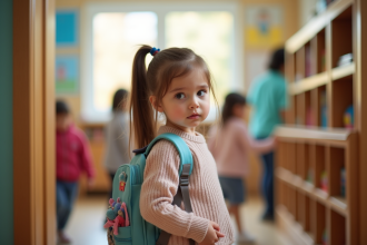 Petite fille à l'entrée de la maternelle avec sac à dos