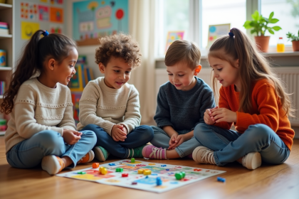 Groupe d'enfants jouant à un jeu de société dans une classe