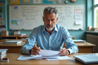 Professeur lisant des essais dans une classe authentique