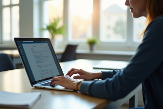 Enseignant utilisant un ordinateur portable dans une salle lumineuse