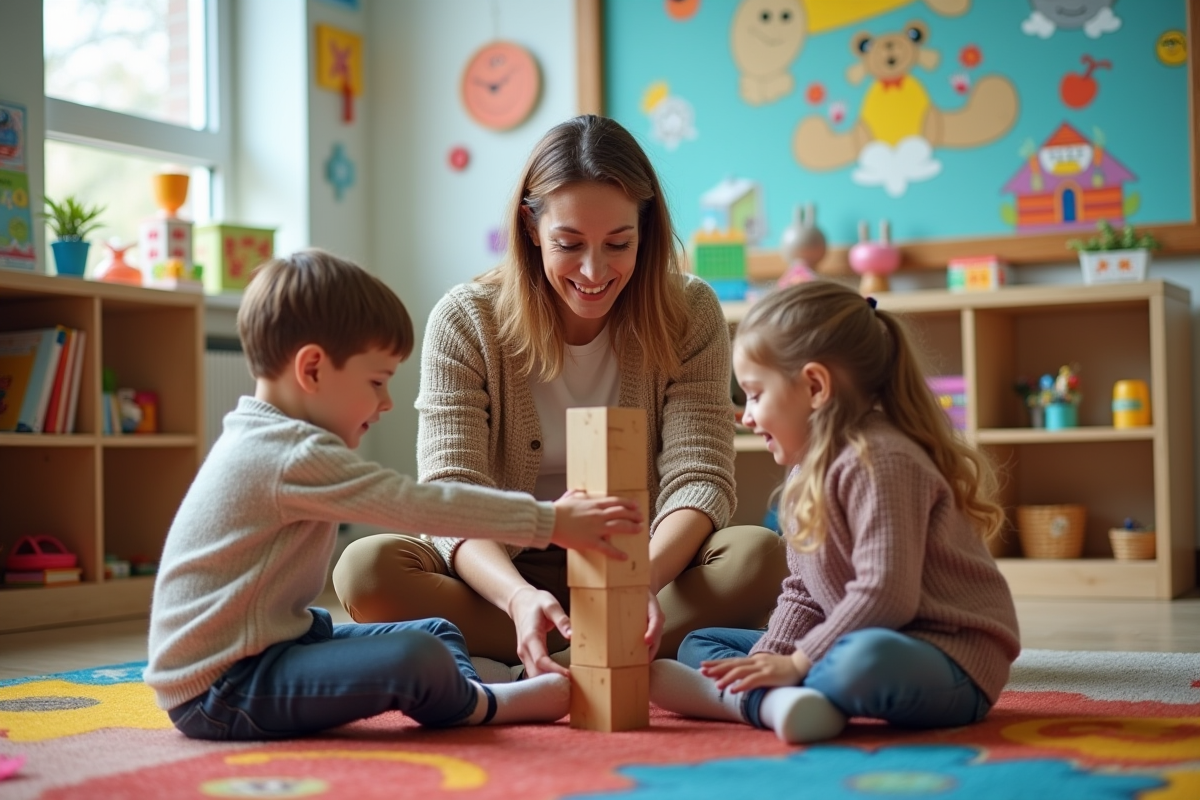 Enseignante aidant deux enfants à construire une tour en classe