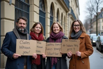 Enseignants en grève devant une école publique française tenant des pancartes de revendication en 2026