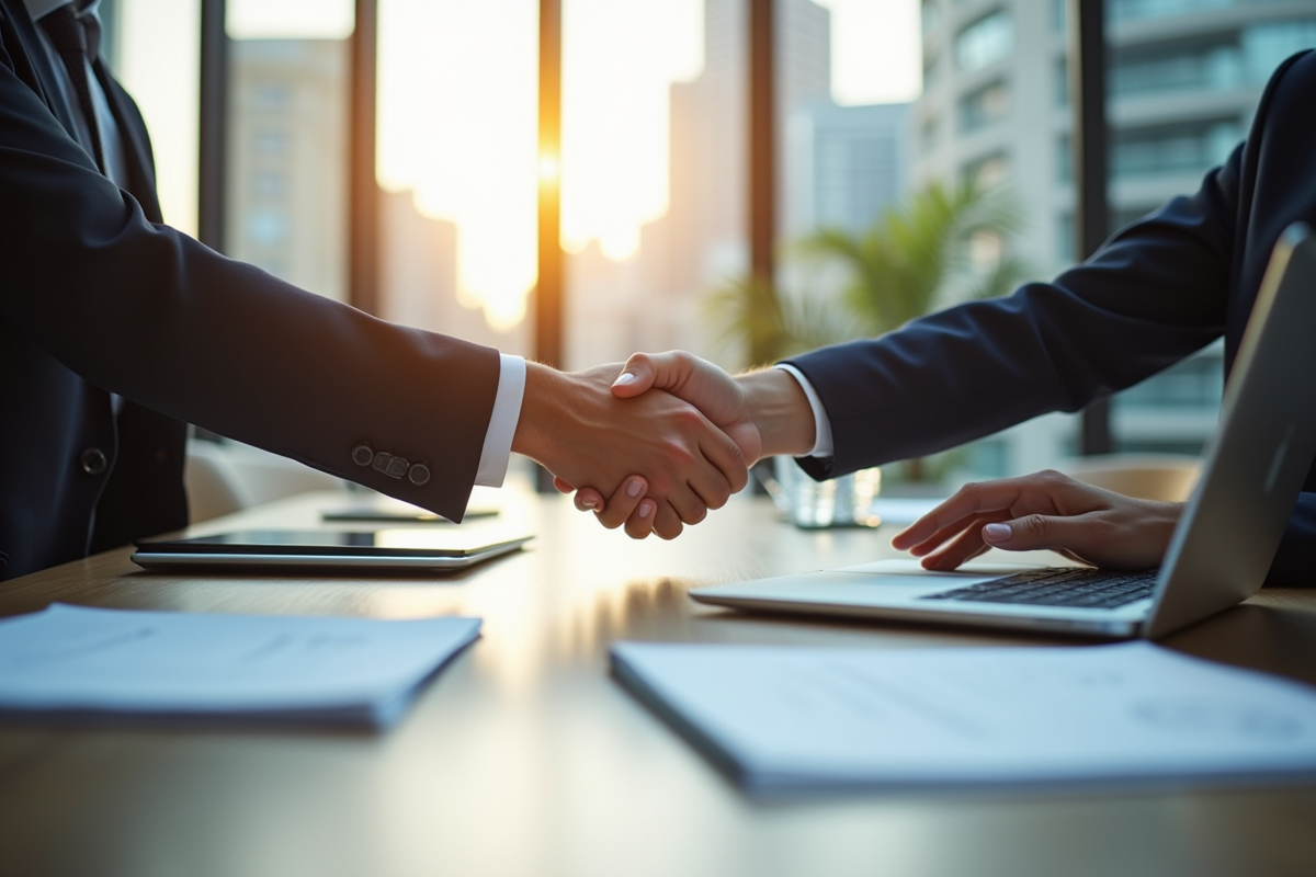 Deux professionnels se serrant la main dans un bureau lumineux