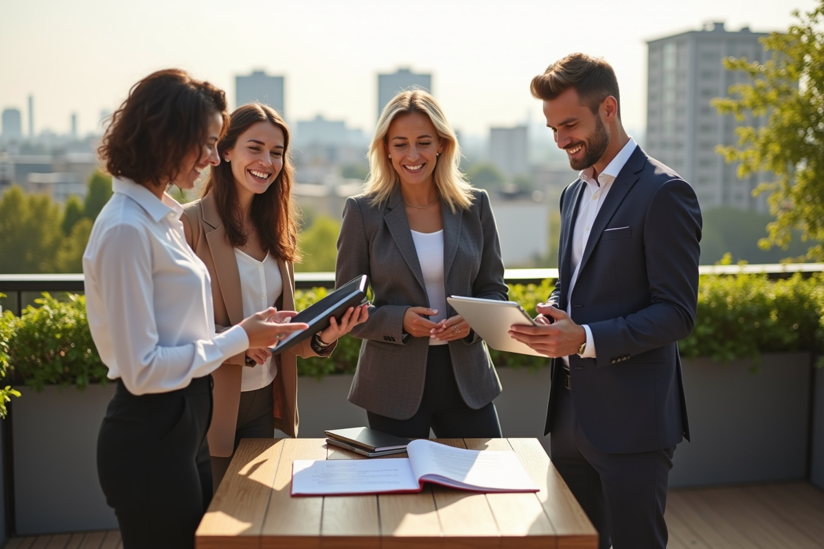 Groupe de collègues divers en discussion en rooftop ensoleille