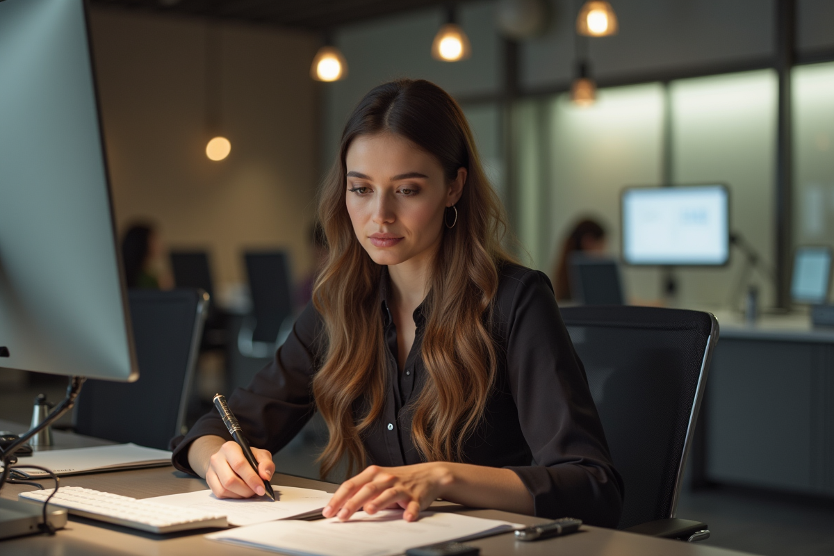 Esmeralda Vasconselos assise à un bureau moderne en intérieur