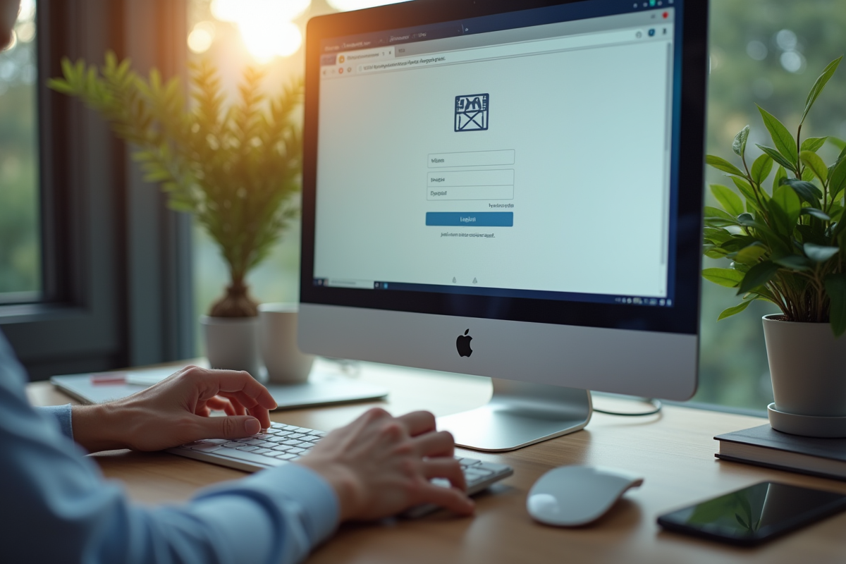 Espace de travail avec un ordinateur affichant une page de webmail