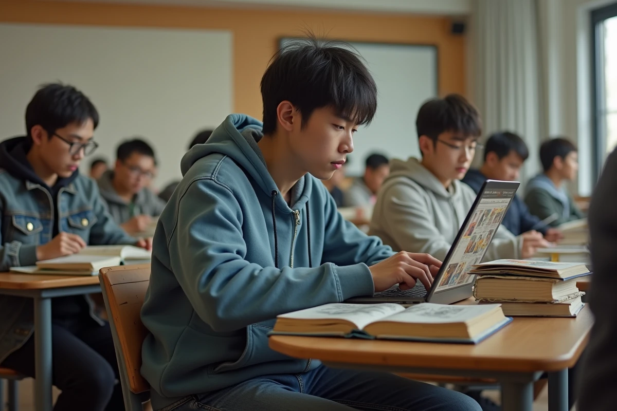 Etudiant universitaire regardant des mangas sur son ordinateur