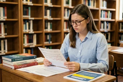Étudiante en licence d'économie relisant une copie annotée sur la dotation factorielle dans une bibliothèque universitaire