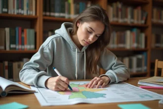 Étudiante révisant une carte des Länder allemands dans une bibliothèque universitaire pour ses contrôles d'histoire-géo
