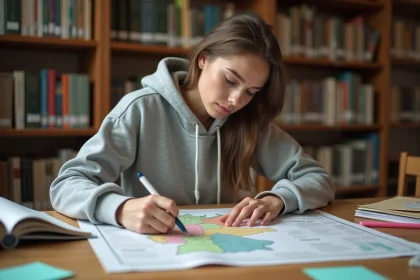 Étudiante révisant une carte des Länder allemands dans une bibliothèque universitaire pour ses contrôles d'histoire-géo