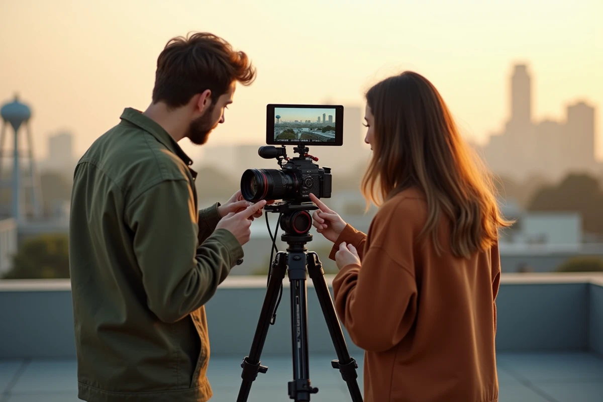 Deux étudiants en cinéma analysant un cadrage sur un écran de caméra professionnelle sur un rooftop urbain, explorant les techniques de composition cinématographique