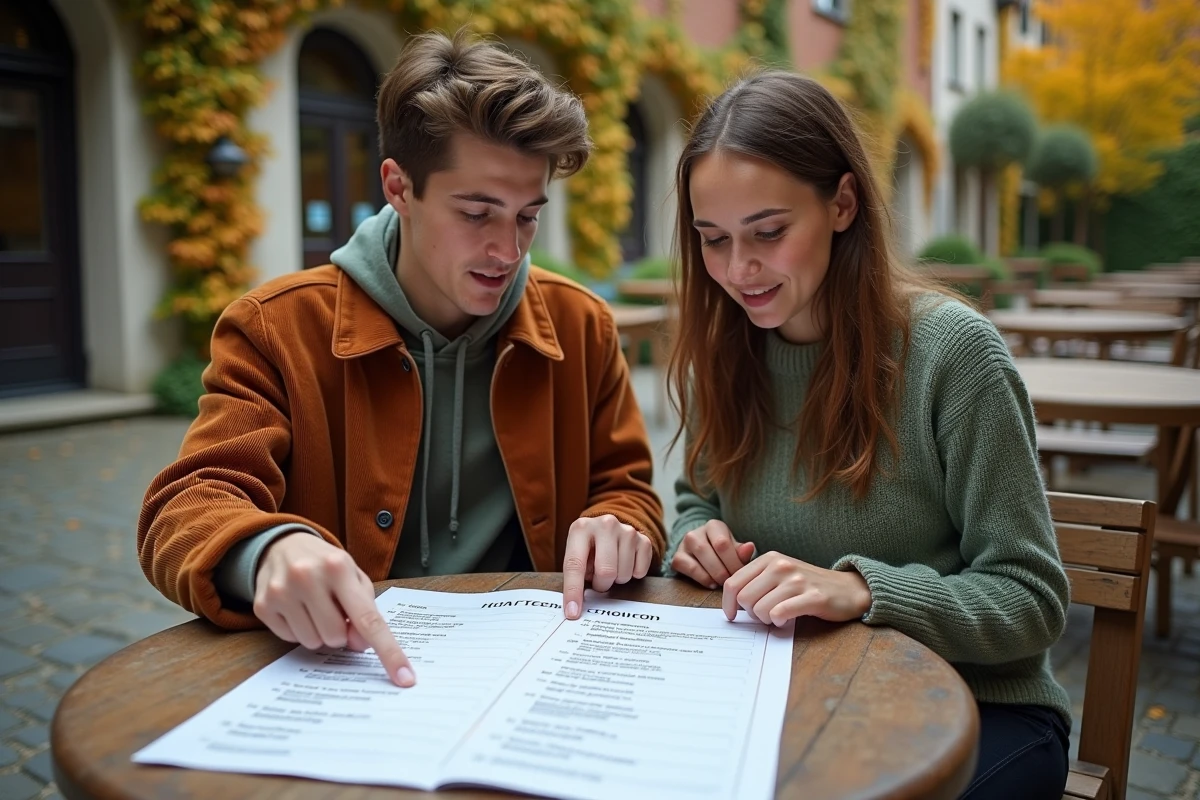 Deux étudiants révisant ensemble les Länder allemands sur un campus universitaire en automne pour préparer leurs examens d'histoire-géo