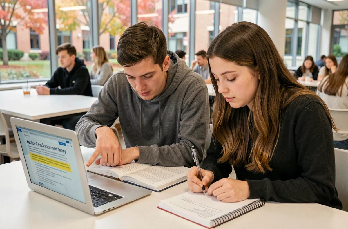 Deux étudiants en économie révisant ensemble les erreurs de dotation factorielle sur un manuel et un ordinateur portable
