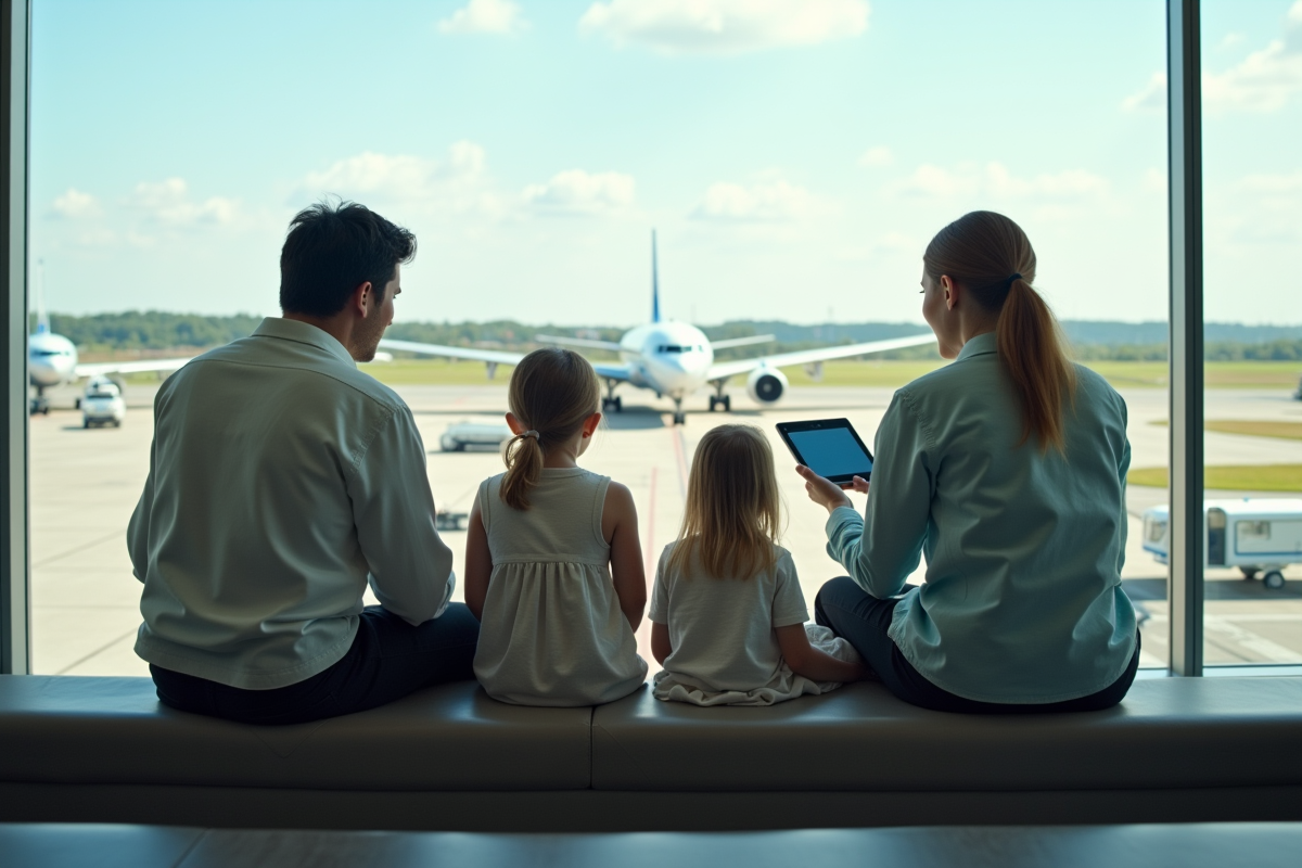 Famille avec enfants regardant un avion électrique au sol