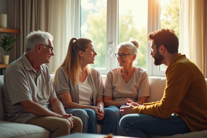 Famille de trois générations en conflit dans le salon lumineux