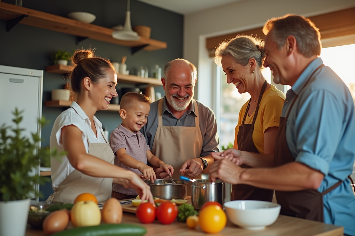 Famille heureuse cuisinant ensemble dans une cuisine moderne