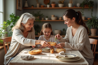 Trois générations de famille française autour d'une table ensoleillée