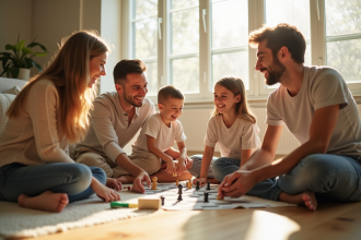 Famille heureuse jouant à un jeu de société dans le salon