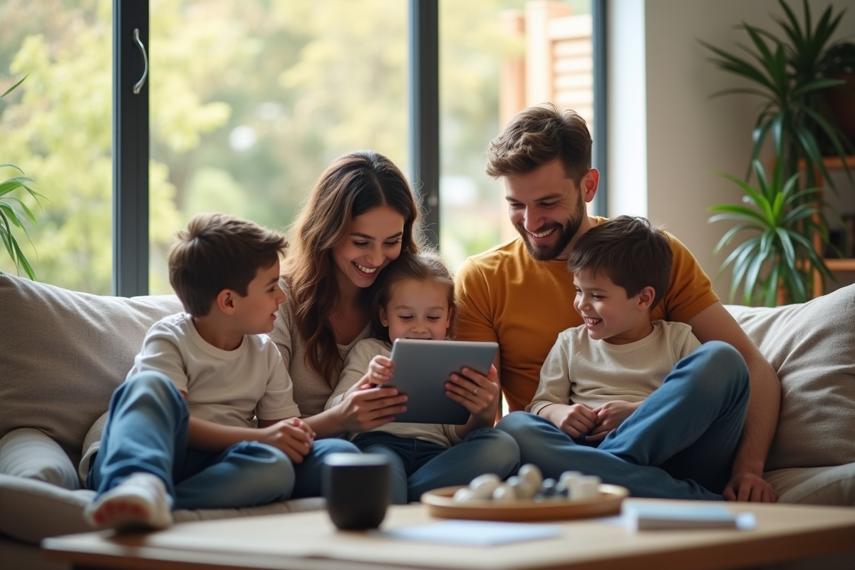 Famille heureuse avec appareils connectes a la maison
