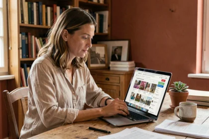 Femme française consultant le site Bon Coin Italie sur son ordinateur portable dans un bureau à domicile