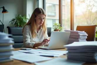 Femme d'affaires au bureau compare papier et ordinateur