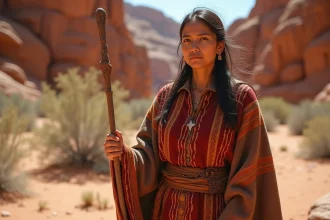 Femme Aiel en tenue traditionnelle tissée tenant un bâton de bois dans un canyon désertique aux parois de grès rouge