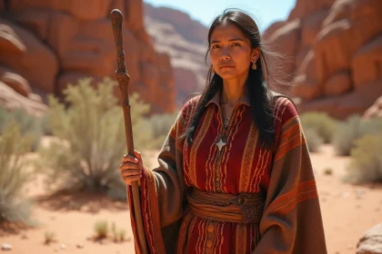 Femme Aiel en tenue traditionnelle tissée tenant un bâton de bois dans un canyon désertique aux parois de grès rouge