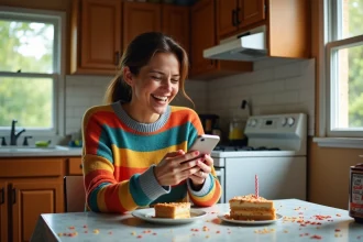 Femme souriante avec gâteau et carte d'anniversaire