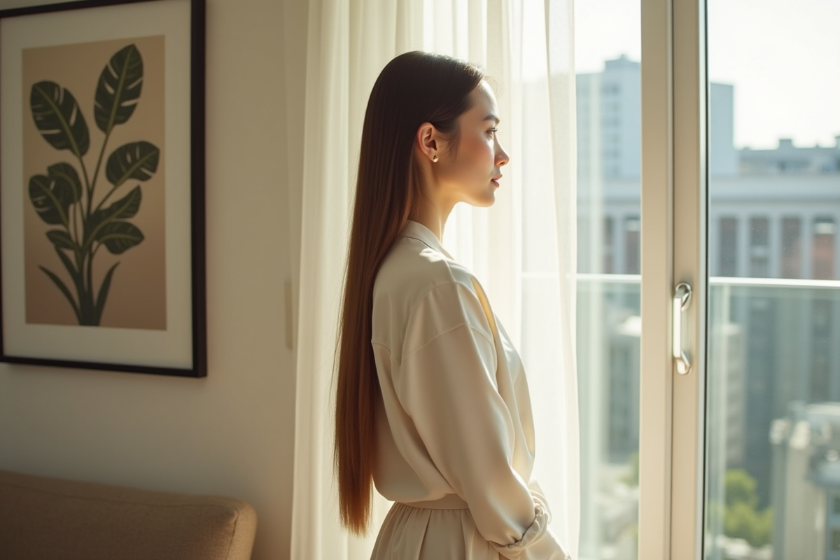 Femme élégante dans un appartement lumineux et moderne