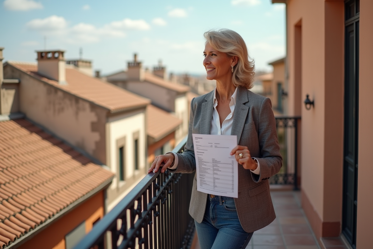 Femme sur balcon regardant la ville avec document immobilier