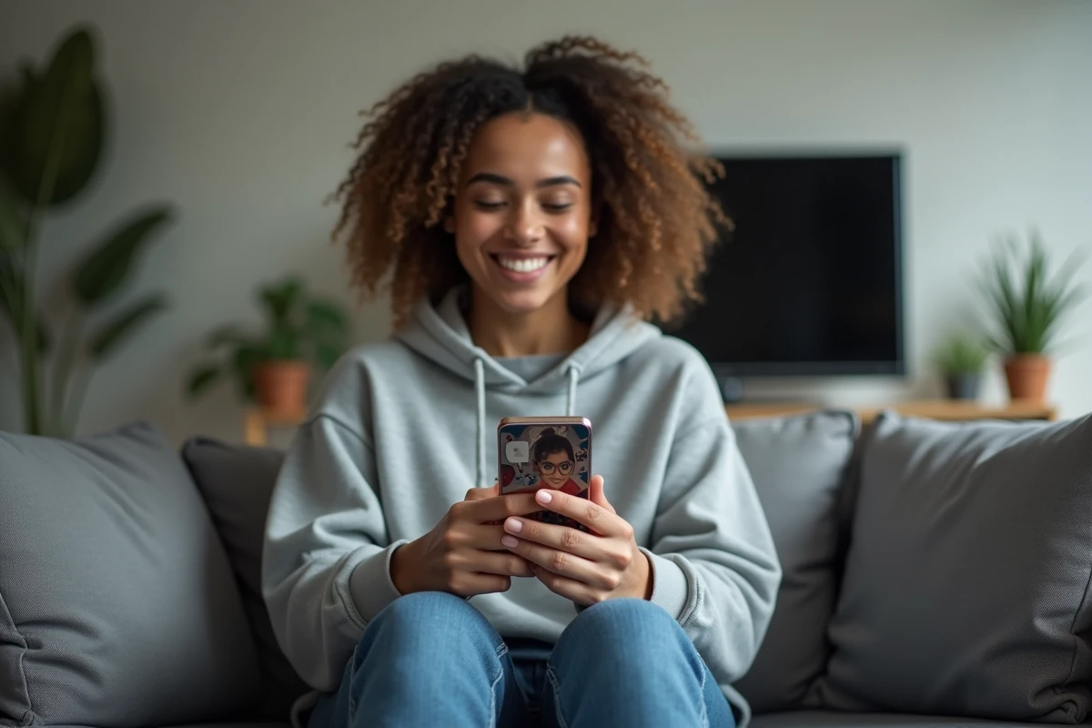 Jeune femme jouant à la belote coinchée en ligne gratuitement sur son smartphone depuis son salon