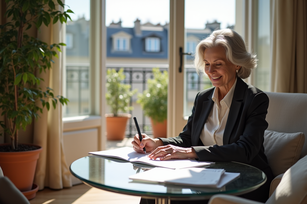 Femme triant ses factures dans un appartement parisien