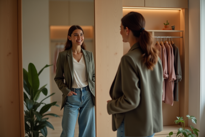 Femme en blazer dans une boutique en réfléchissant